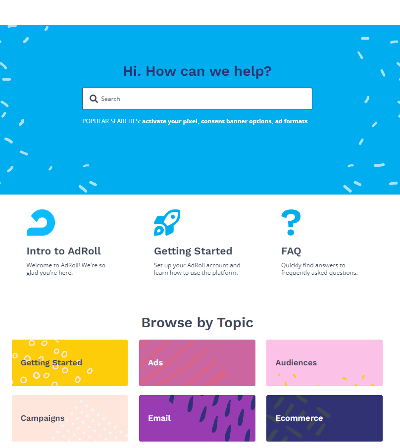 The AdRoll help center homepage starts with a headline that reads, “Hi. How can we help?” followed by many categories decorated with unique patterns.‍