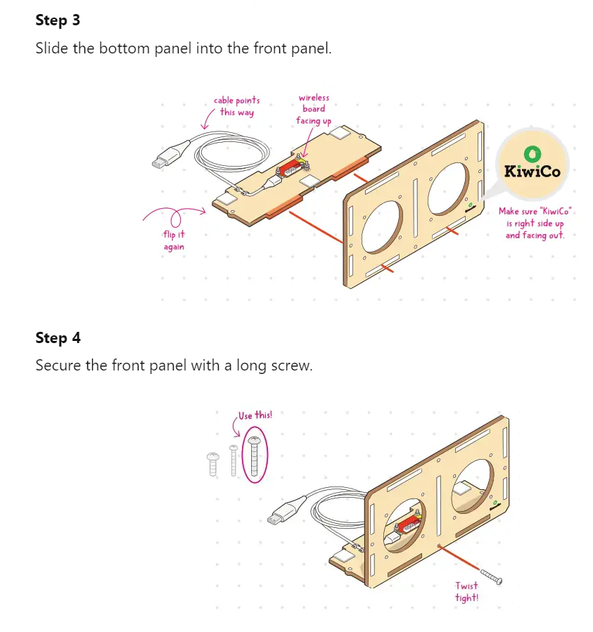 This page from a KiwiCo instruction manual shows two steps in a craft.