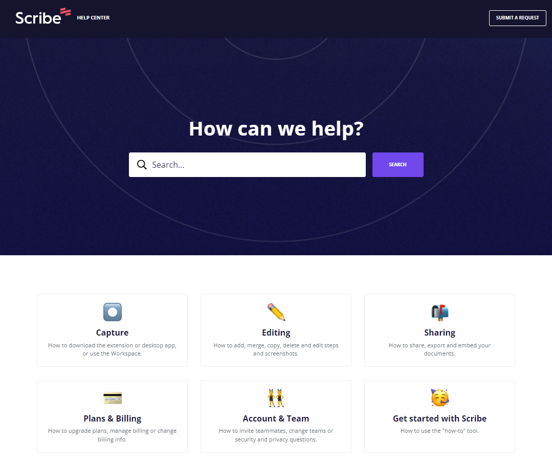 The Scribe Help Center homepage has a search bar under the headline, “How can we help?”‍