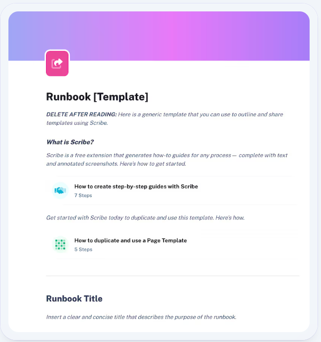 This runbook template begins with placeholder text about using Scribe, followed by a section for the runbook’s title.