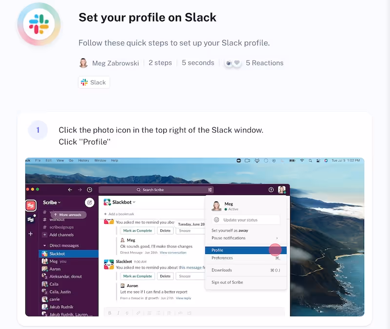Scribe showing how to set your profile on Slack screenshot tools and software for Windows