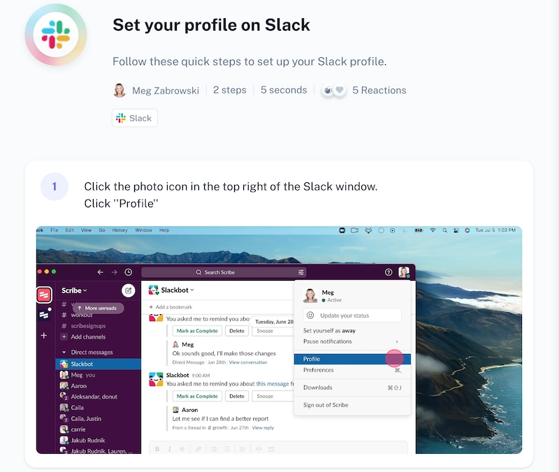 Scribe showing how to set your profile on Slack screenshot tools and software for Windows