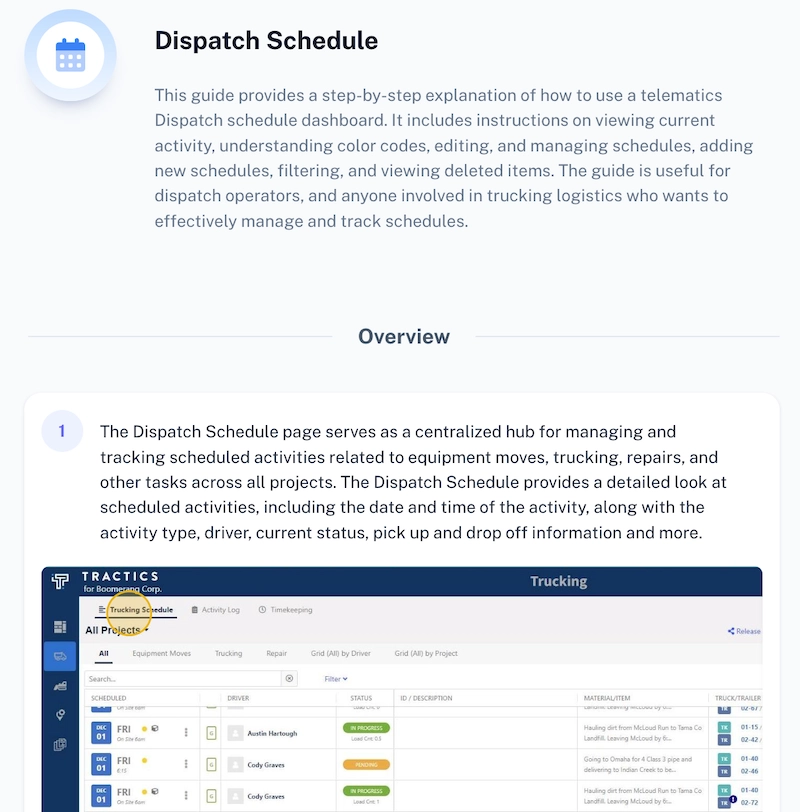 Scribe on how to use a telematics Dispatch schedule dashboard 