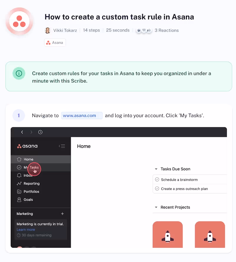 Step-by-step guide showing how to create a custom task rule in Asana