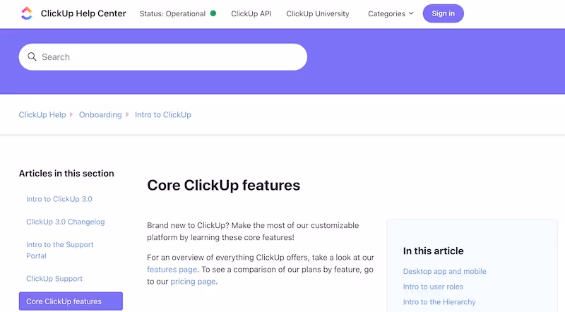 ClickUp help center: user manual templates