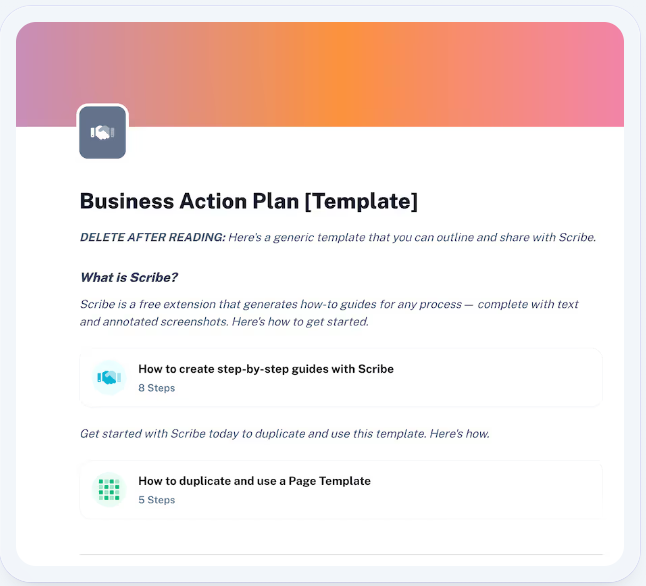 This business action plan template starts with placeholder text about how to use Scribe.