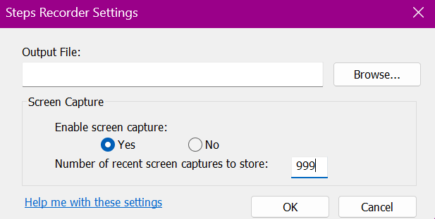Steps Recorder settings