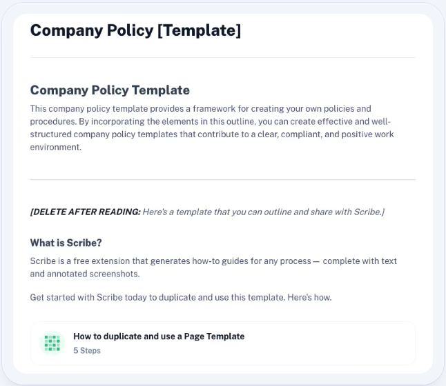 This company policy template begins with placeholder text about using Scribe.