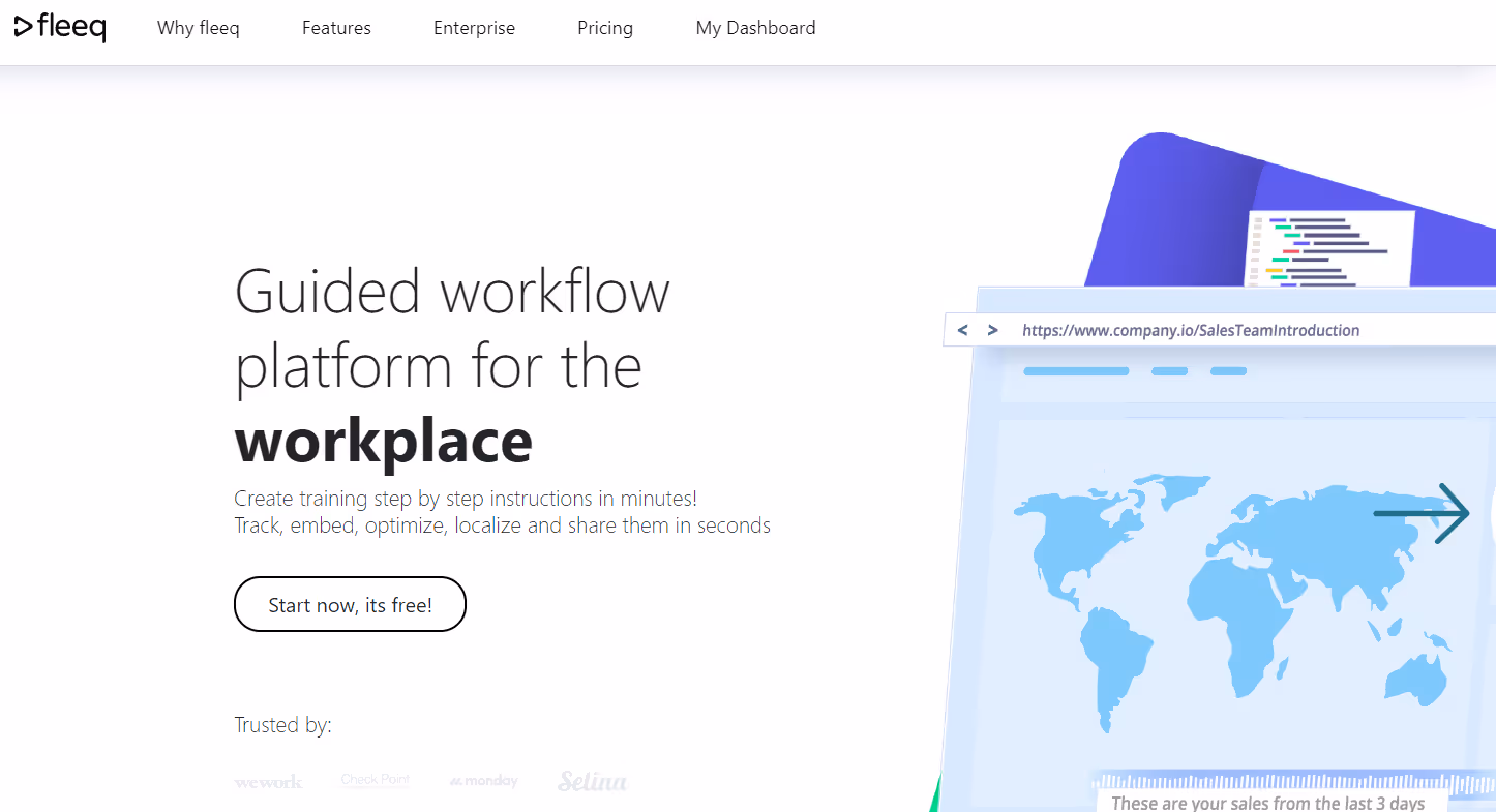 A screenshot of Fleeq’s homepage. On the right is an image of a computer screen showing a world map, and on the left is the phrase “Guided workflow platform for the workplace.”