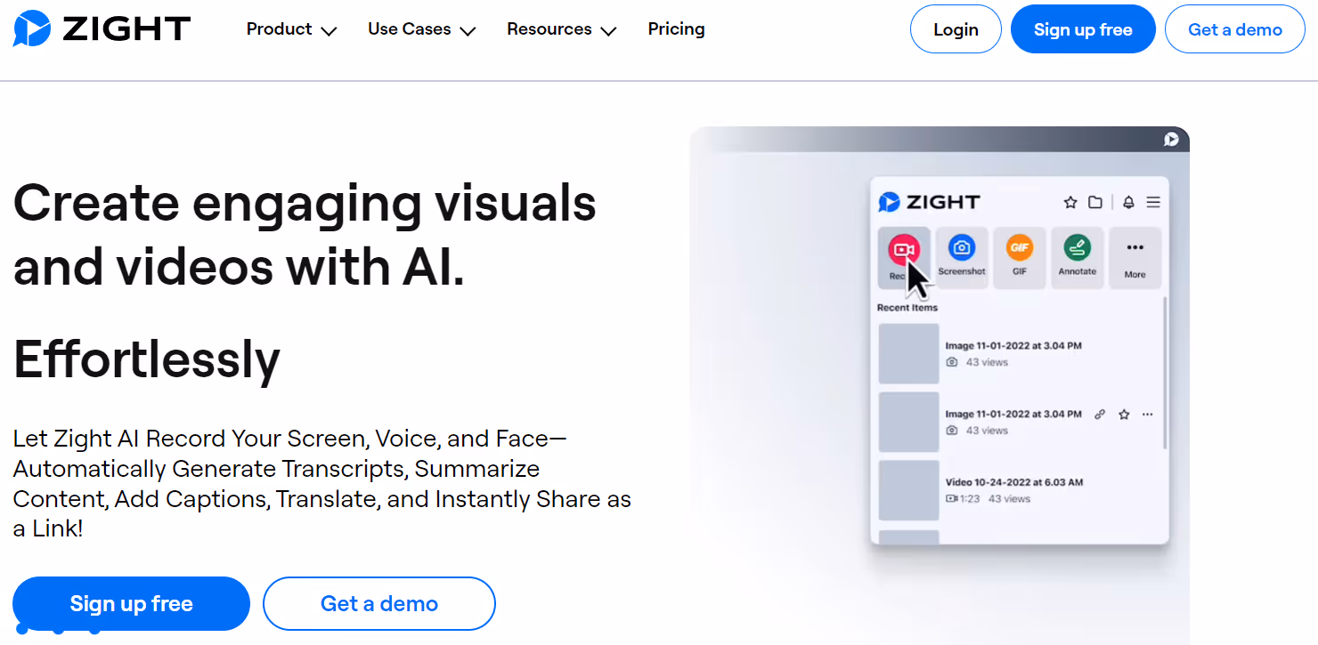 A screenshot of Zight’s homepage. On the right is an image of Zight’s screen recorder, and on the left is the phrase “Create engaging visuals and videos with AI. Effortlessly.”