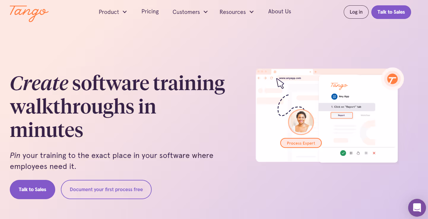 A screenshot of Tango’s homepage. On the right side is a picture of Tango’s platform, and on the left is the phrase “Create software training walkthroughs in minutes.”