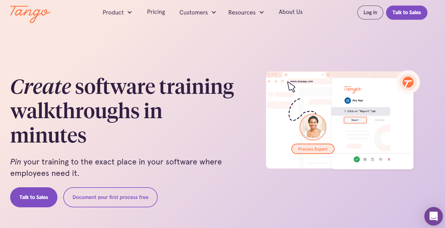 A screenshot of Tango’s homepage. On the right side is a picture of Tango’s platform, and on the left is the phrase “Create software training walkthroughs in minutes.”