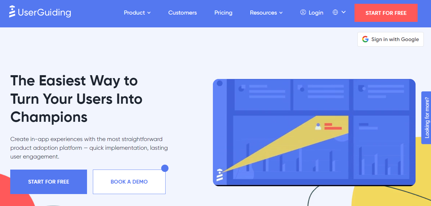 A screenshot of UserGuiding’s webpage. On the left side is the phrase “The Easiest Way to Turn Your Users Into Champions.”