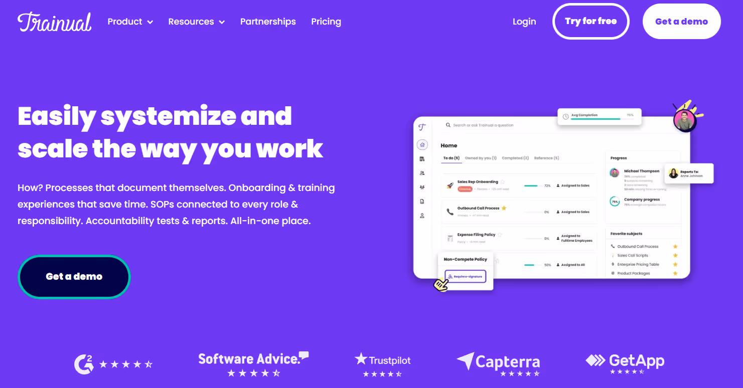 A screenshot of Trainual’s homepage. An image of the Trainual dashboard is on the right, and the left side of the screen reads, “Easily systemize and scale the way you work.”
