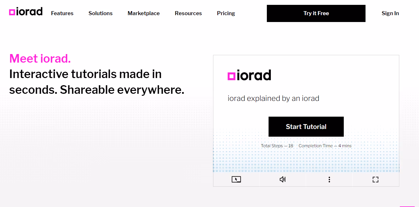 A screenshot of iorad’s homepage. The left side reads, “Meet iorad. Interactive tutorials made in seconds. Shareable everywhere.” On the right is a tutorial for the product.