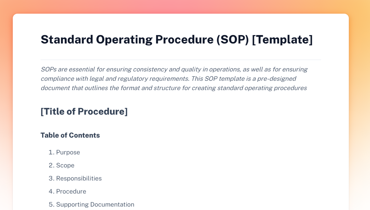 A screenshot of Scribe’s Standard Operating Procedure template that shows the table of contents.