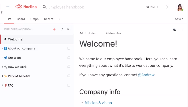 Nuclino workspace: user manual tools
