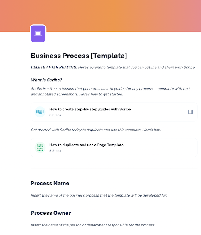 business process template to streamline processes