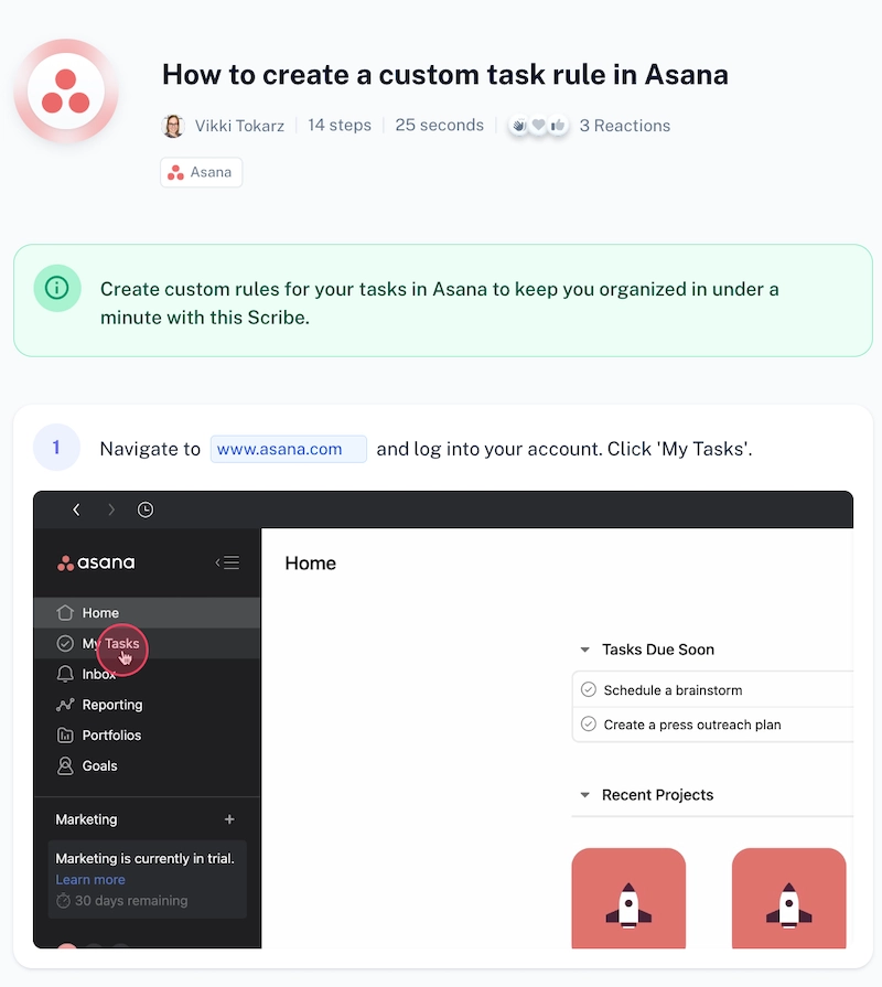 Scribe outlining how to create a custom task rule in Asana