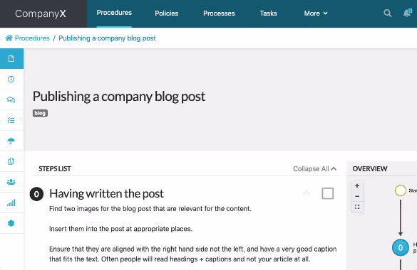 A screenshot of an SOP about blog publishing created with SweetProcess.