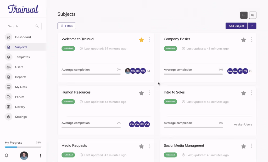 A screenshot of a Trainual knowledge base filled with SOPs, including “Company Basics” and “Intro to Sales.”