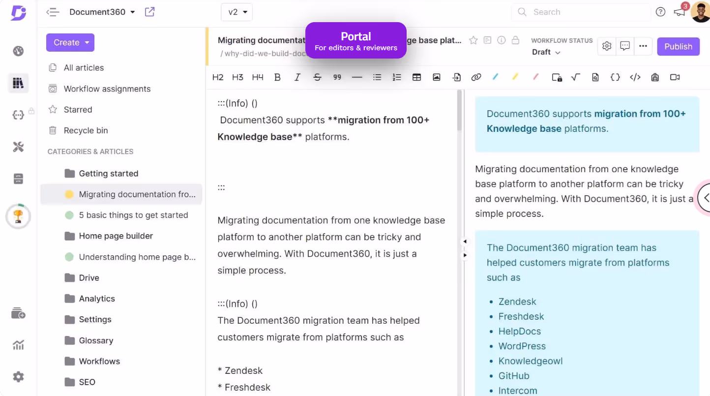 A screenshot of Document360’s SOP editing and creation screen with a list of platforms customers have migrated their documentation from.
