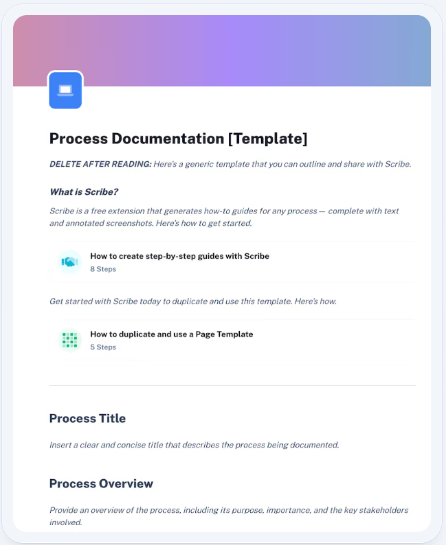 This process documentation template begins with placeholder text about using Scribe, followed by space for a title and an overview of the document.‍