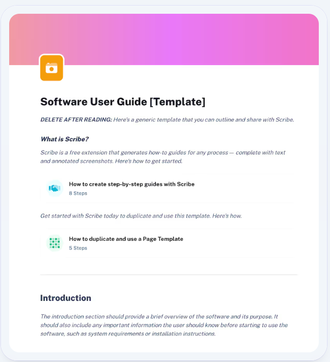 This software user guide template begins with placeholder text about using Scribe, followed by an introduction to the document.