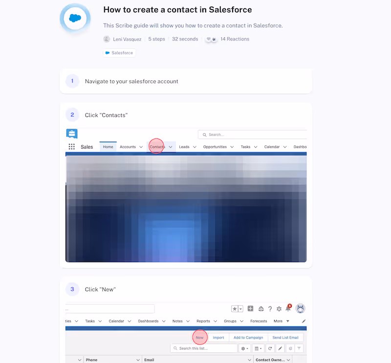 Example of an SOP created with Scribe on creating a contact in Salesforce best SOP software