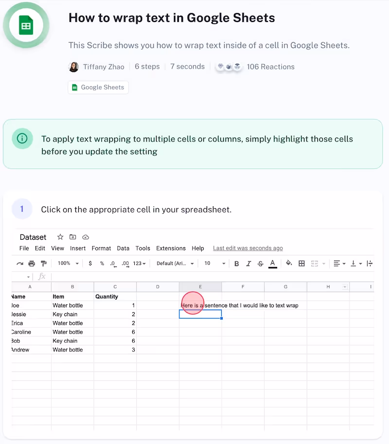 Scribe step-by-step guide showing how to wrap text in Google Sheets