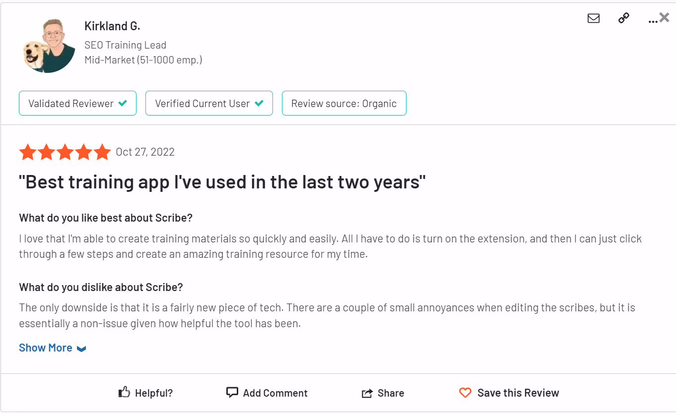 Scribe G2 rating - knowledge sharing tools