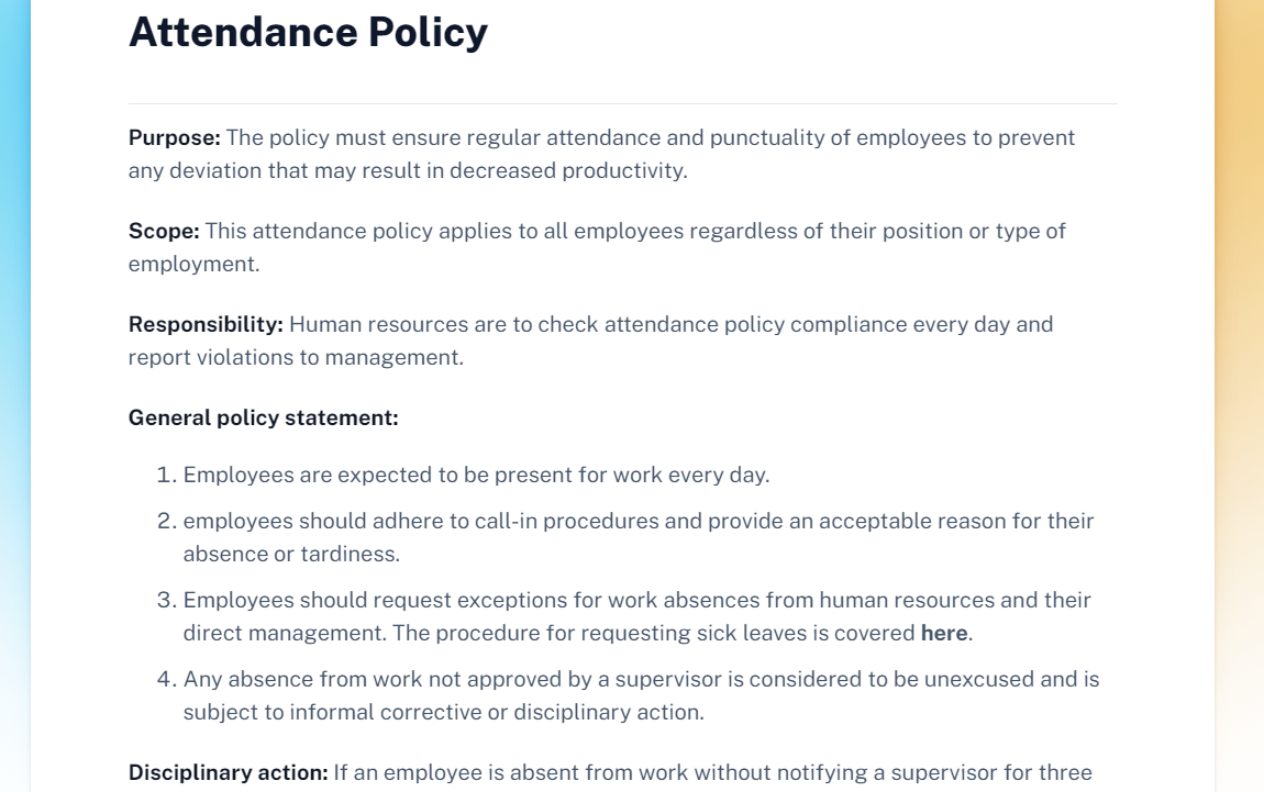 A screenshot of Scribe’s Attendance Policy template, showing sections like the purpose, responsibility and general policy statement.