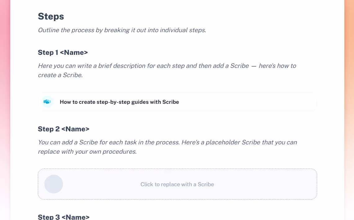 A screenshot of Scribe’s Method of Procedure template, showing customizable step-by-step instructions.
