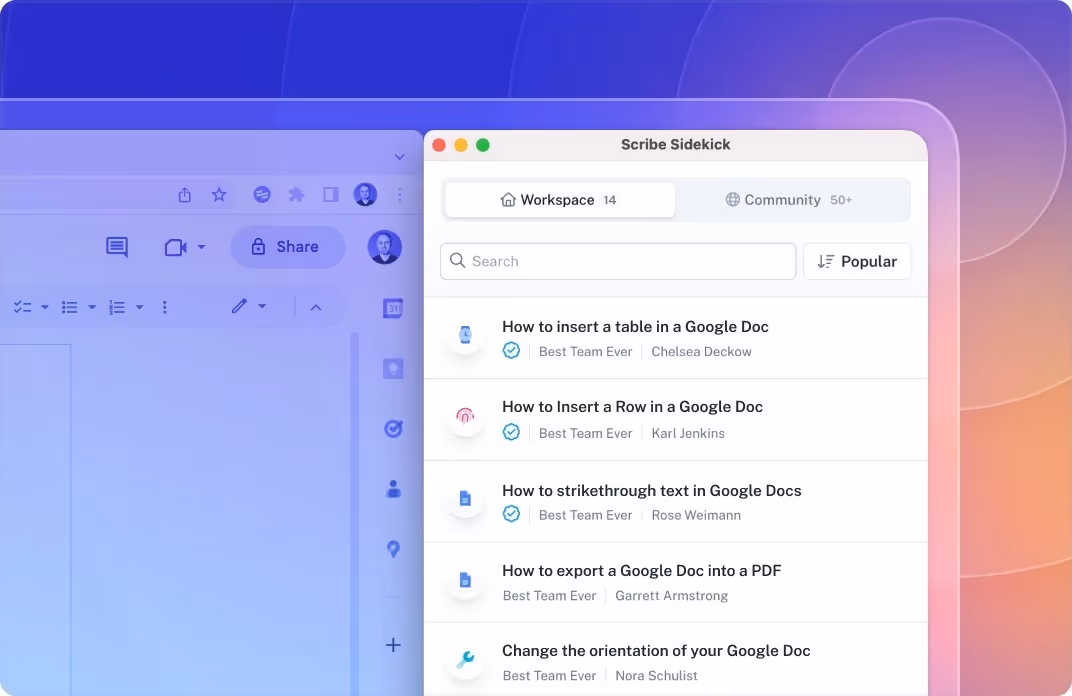 Scribe Sidekick opens side-by-side in any tool for easy access to SOPs for business processes