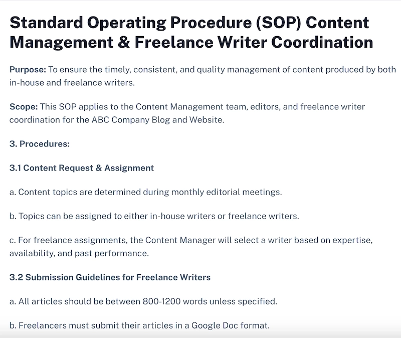 SOP for business processes on managing and publishing freelance writer content