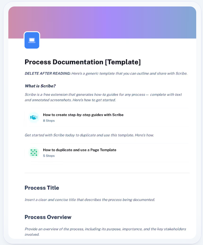 This process documentation template starts with placeholder text followed by a process title and overview.