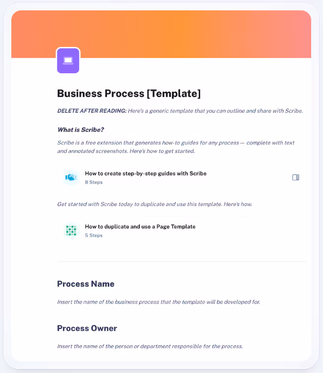 This business process template begins with placeholder text followed by a section for listing the process name and its owner.