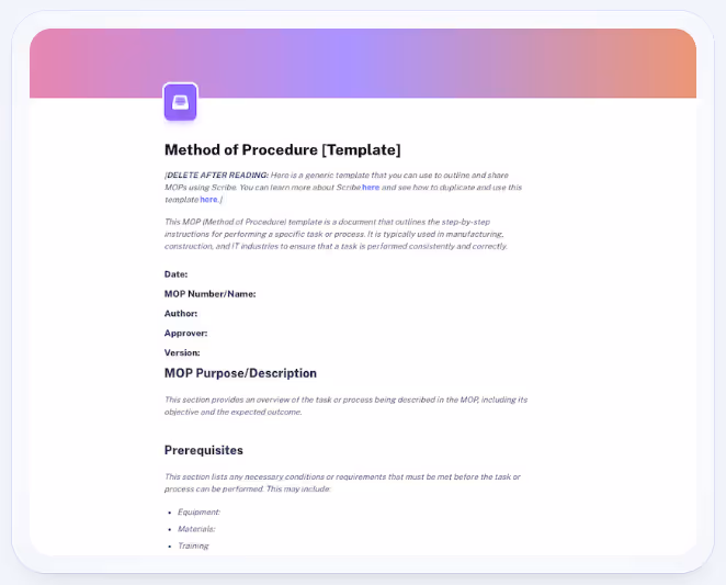 This method of procedure template starts with placeholder text followed by a section for noting the date, MoP number and author of the document.