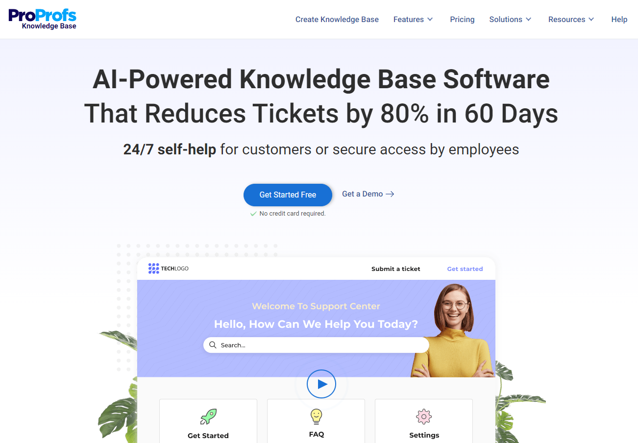 The ProProfs homepage starts with a headline that reads, “AI-Powered Knowledge Base Software,” then shows an example of a knowledge base.