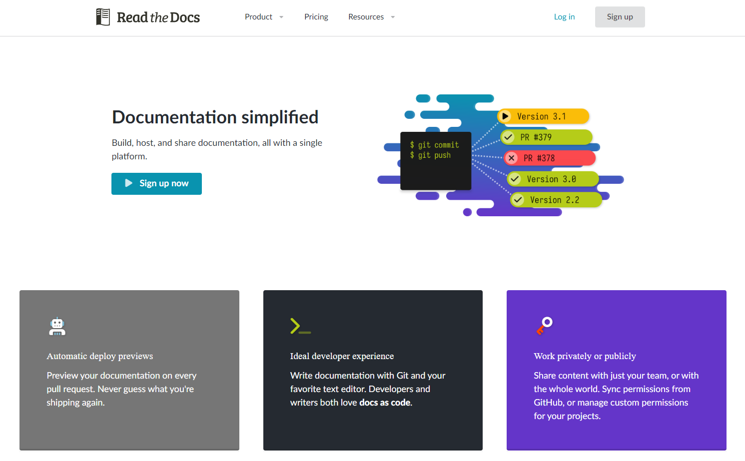 The Read the Docs homepage begins with a headline that reads, “Documentation simplified,” followed by descriptions of its features.