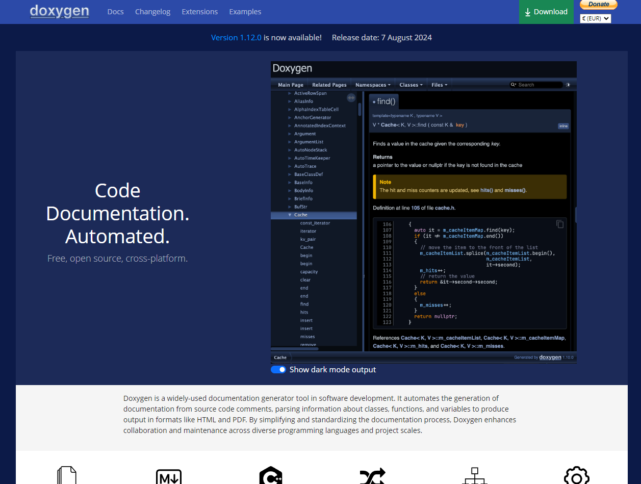 The Doxygen homepage has a headline on the left that reads, “Code Documentation. Automated.” Beside this text is a screenshot of the tool.