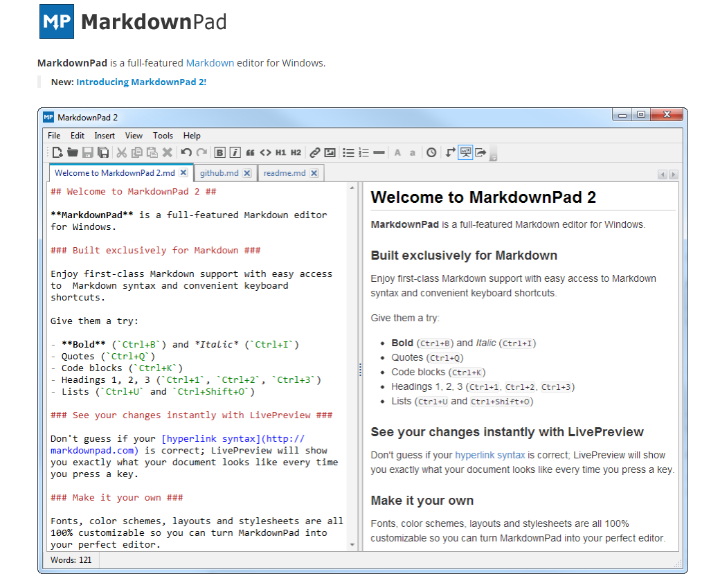 The MarkdownPad homepage shows an image demonstrating how the product converts Markdown into a fully formatted document.