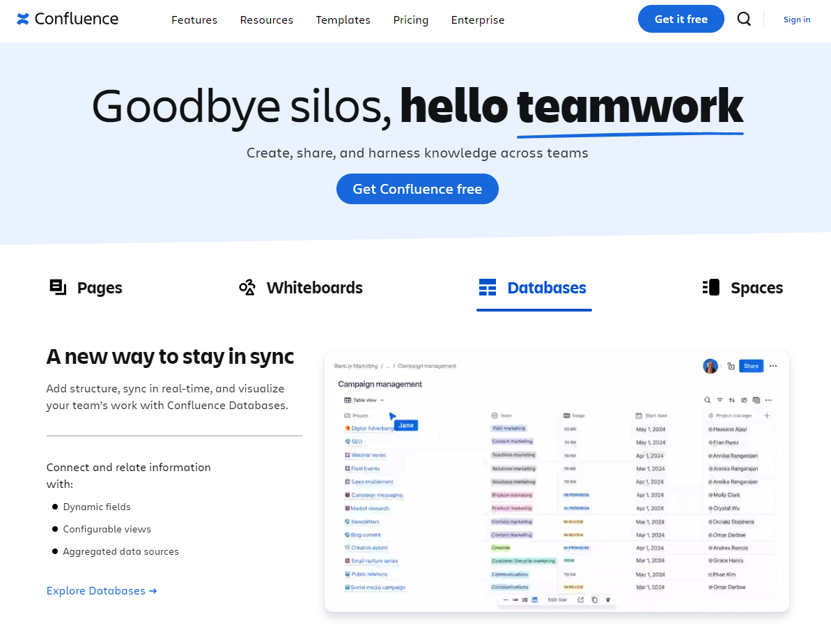 The Confluence homepage begins with a headline that reads, “Goodbye silos, hello teamwork.” Below that is an image demonstrating the product in action.