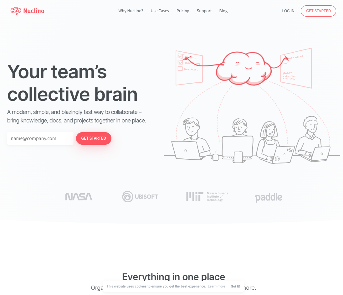 The Nuclino homepage has an image of a brain floating over four people alongside a headline that reads, “You team’s collective brain.”