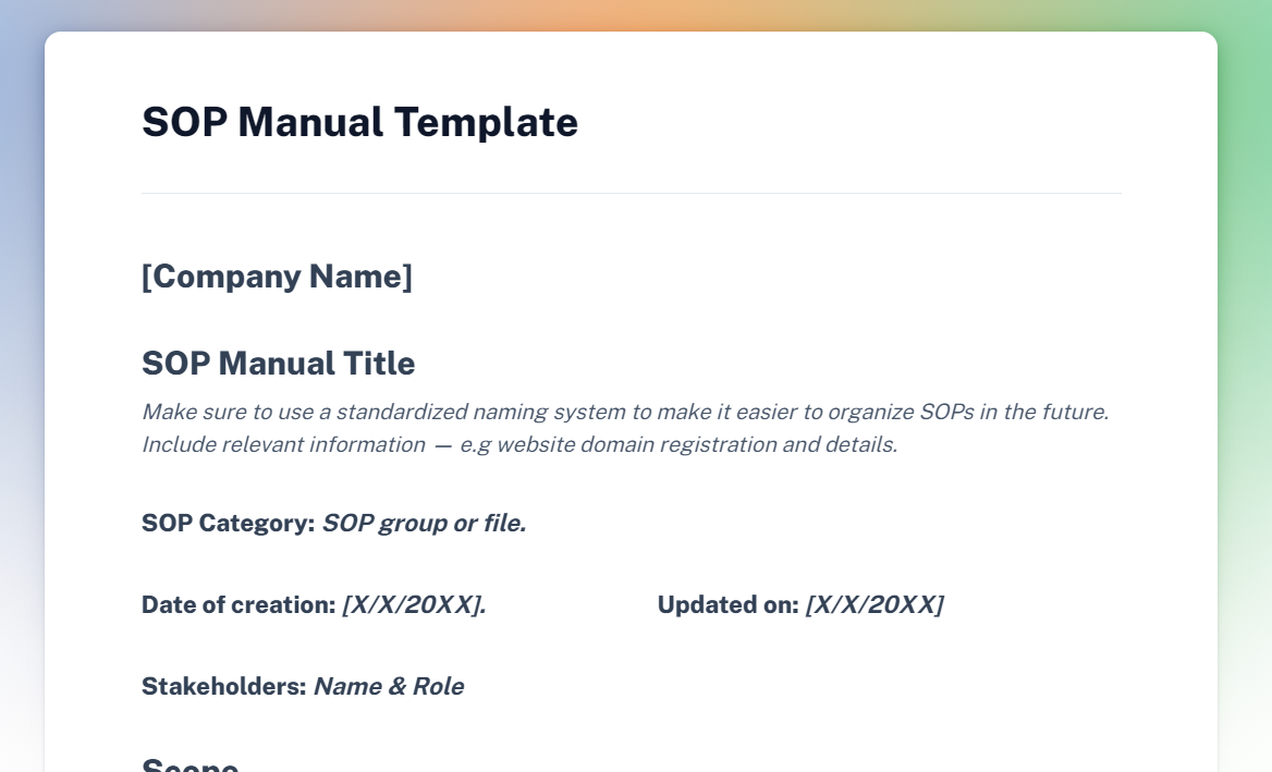 A screenshot of Scribe’s SOP Manual template, showing headers like SOP Manual Title, SOP Category and Date of Creation.