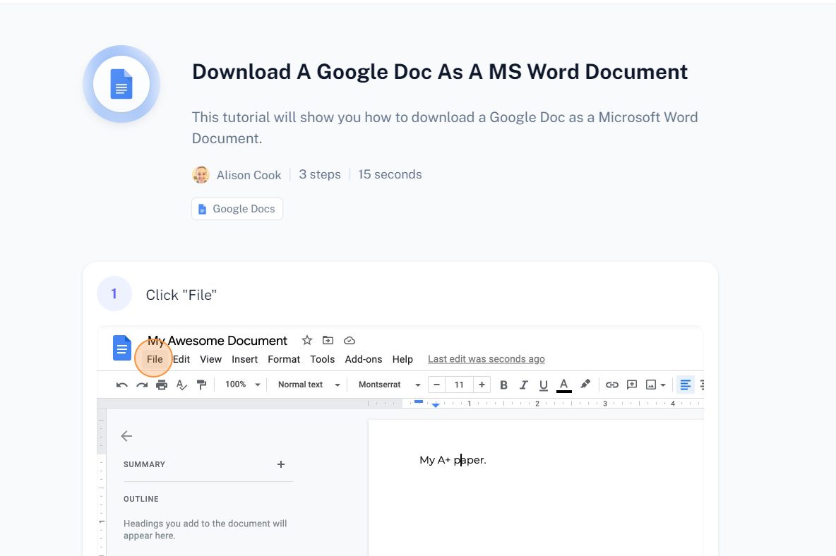 A screenshot of an SOP created with Scribe, showing how to download a Google Doc as an MS Word Document.