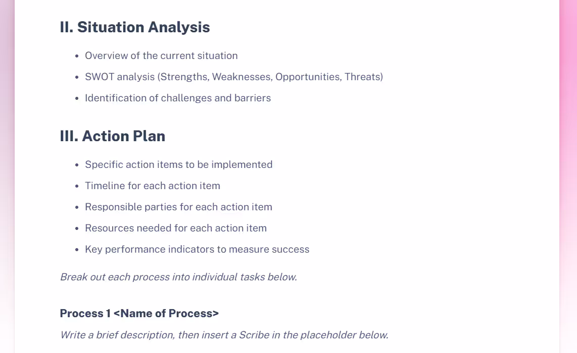 An example of a hierarchical SOP showing headers, such as “Action Plan,” with a bullet list of subtasks beneath them.