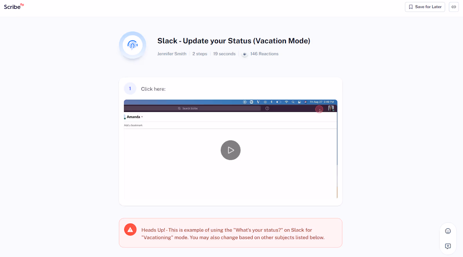 A screenshot of a procedure on how to update your status on Slack, created with Scribe’s AI process documentation.