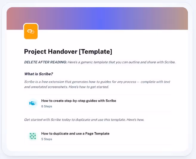 A Project Handover template that begins with placeholder text and links to useful guides.