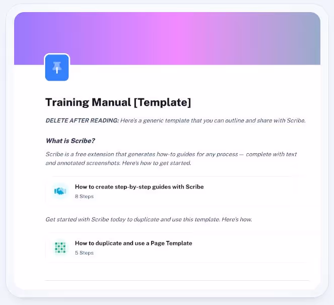 A template for a training manual that starts with placeholder text and links to useful guides.